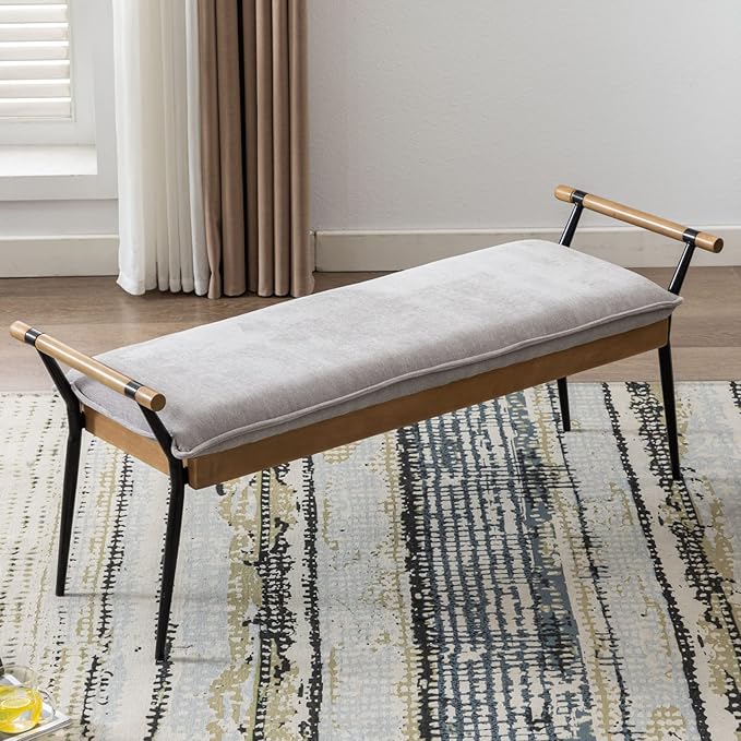 LukeAlon Modern Chenille Entryway Bench, Upholstered End of Bed Bench with Arms Classic Bedroom Ottoman Bench with Metal Legs Elegant Footstool for Entrance Living Room, Grey