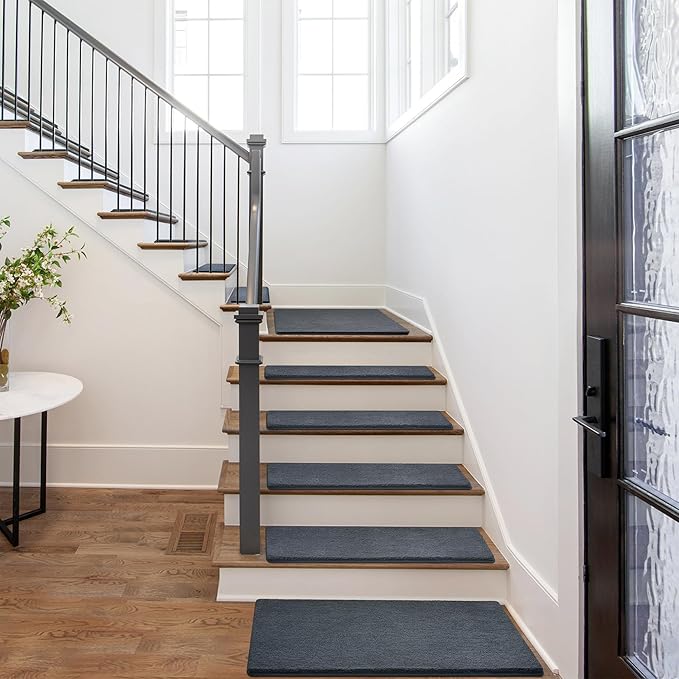 PURE ERA Carpet Stair Treads Ultra Plush 8" X 30" Soft Indoor Stair Protectors Pet-Friendly Non-Slip Skid Resistant Tape Free Washable Reusable(14 Pieces, Dark Gray)