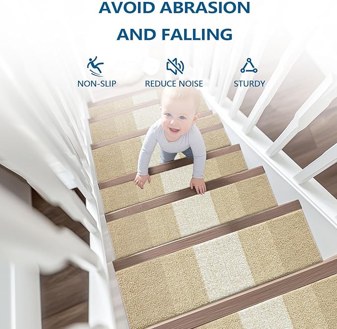 OLANLY Stair Treads Non Slip 4PCS, 8" x 30" Indoor Stair Runners for Wooden Steps, Edging Stair Rugs with Reusable Peel and Stick Adhesive for Kids Elders and Pets, Beige