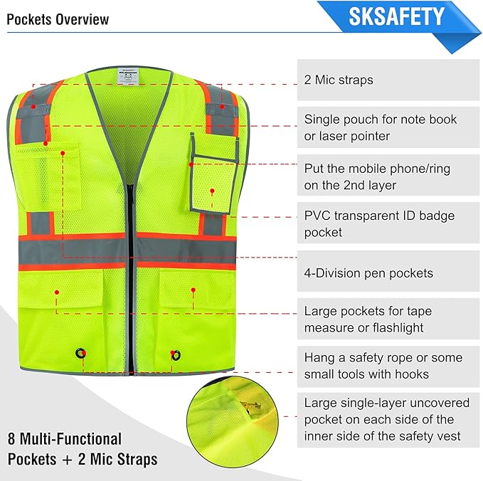 SKSAFETY 10 Pockets Safety Vest, Class 2 High Visibility Security with Zipper Double-sided mesh, Hi Vis Vest with Reflective Strips, ANSI/ISEA Standard, Construction Work Vest （Lime, 5XL）