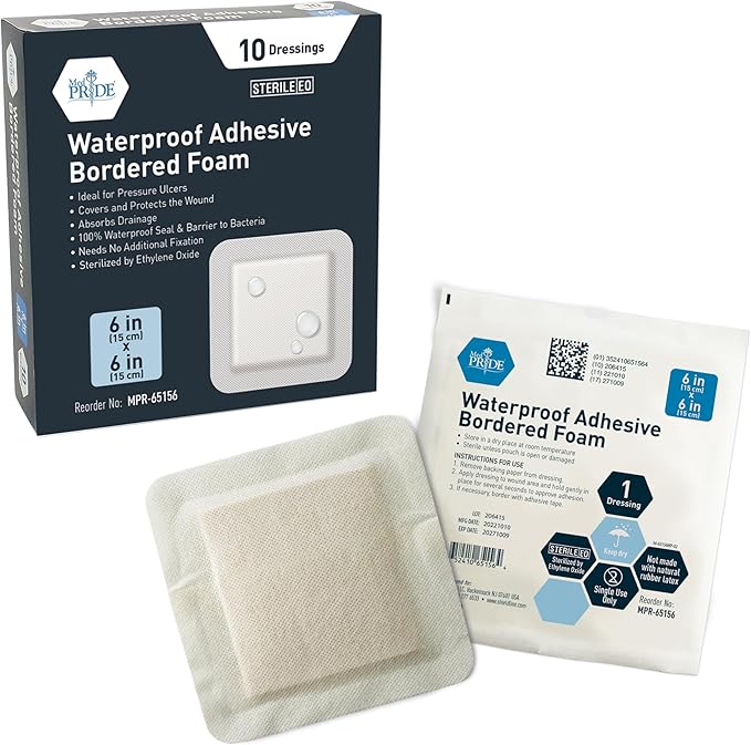 MED PRIDE Waterproof Silicone 6'' X 6'' Foam Wound Dressing (10-Count) Sterile, Adhesive Border | Home or Emergency Healing Support | Partial or Shallow Drainage Coverage