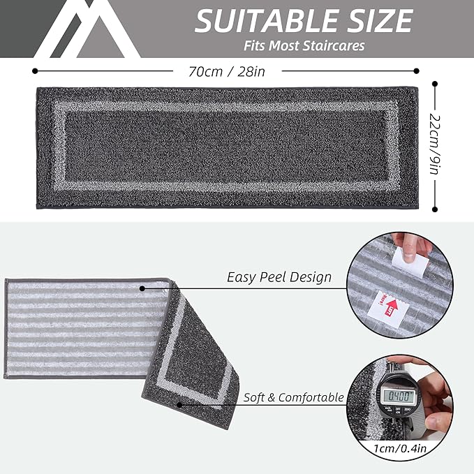 COSY HOMEER Soft Stair Treads Non-Slip Carpet Mat 28inX9in Indoor Stair Runners for Wooden Steps,Stair Rugs for Kids and Dogs, 100% Polyester TPE Backing 10pcs,Black,Square