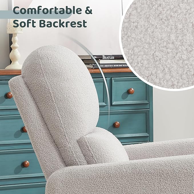 Swivel Rocker Recliner, Oversized Teddy Manual Nursery Glider Rocking Recliner with Removable Cushion, Upholstered Boucle Swivel Reclining Chair for Nursery Living Room Bedroom, Teddy Gray