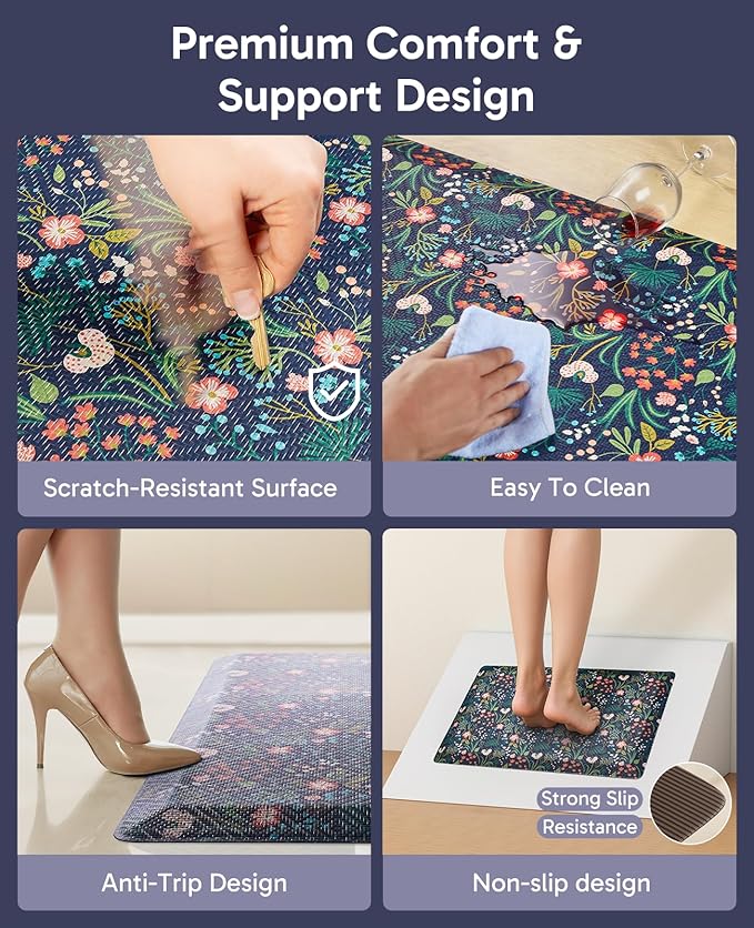 Ophanie Kitchen Mats for Floor, 3/4 inch Thick, 20x32 Anti Fatigue Cushioned Mat, Kitchen Rugs, Waterproof, Comfort Ergonomic Standing Mat for Office, Home, Sink, Blue Flower Non-Slip Ridged Bottom