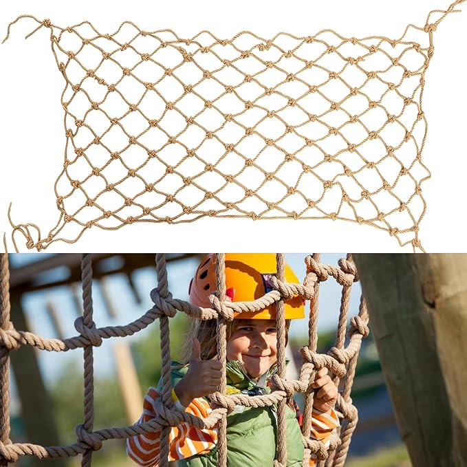 Jute Hemp Rope Net(4ftx12ft), Heavy Duty Natural Climbing Safety Rope Netting Balcony Stairs Fence Garden Playground Protection Net Indoor & Outdoor Decor Rope Net