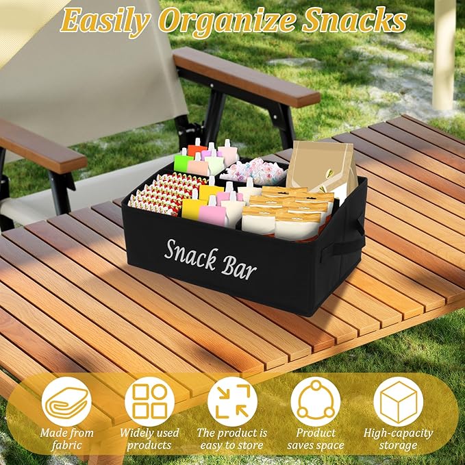 Snack Organizer for Countertop, 6 Compartment Snack Basket Container, Trapezoid Fabric Snack Bin Holder with Side Handles,Lightweight Snack Bar Station Organizer, Kitchen Pantry Storage (Black)
