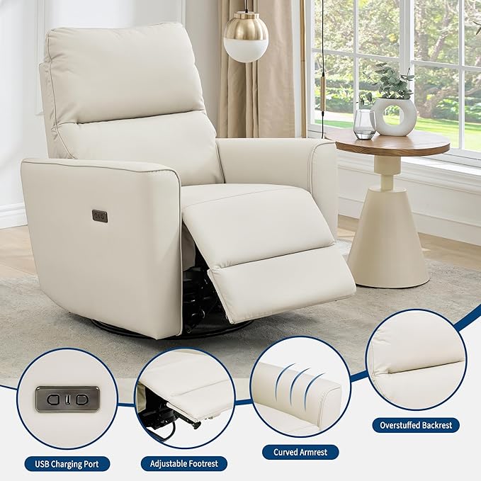 Power Recliner Chair Swivel Glider Faux Leather Upholstered Nursery Rocker Reclining Sofa Chair with Charging Port, Curved Armrests & Padded Backrest for Living Room and Bedroom(Power Beige)