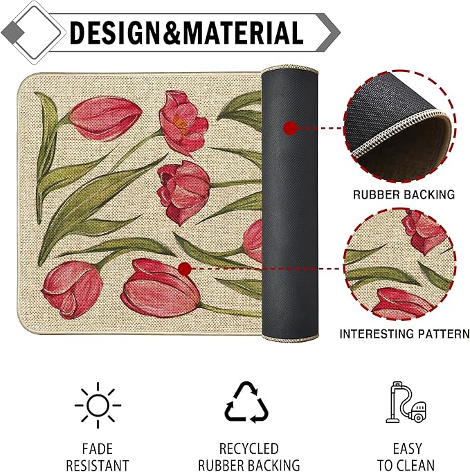 Welcome Spring Door Mat Tulip Flowers Floral Doormat Indoor Outdoor Entrance Outdoor Rug Low-Profile Floor Rug Non Slip Spring Summer Decor Rubber Mats for Home Decoration 17x36Inch