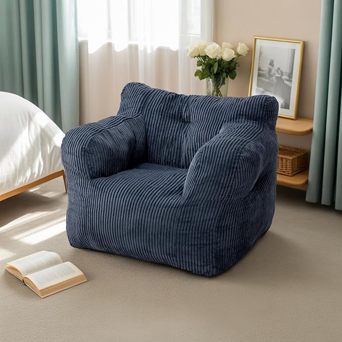 32" Bean Bag Chair,Loveseat Sofa,Corduroy Lazy Sofa Bed for Adults,Fit Living Room, Bedroom,Outdoor Spaces,Ultra Soft Dutch Velvet,Fluffy Comfort Washable Cover,72h Rebound,Blue
