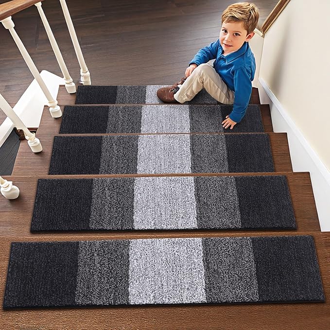 OLANLY Stair Treads Non Slip 4PCS, 8" x 30" Indoor Stair Runners for Wooden Steps, Edging Stair Rugs with Reusable Peel and Stick Adhesive for Kids Elders and Pets, Black