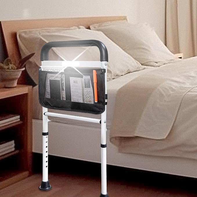 AOHHL Bed Rails for Elderly Adults Safety with Motion Light Adjustable Heights Storage Pocket Assist Support Side Railing for Seniors Slides Under Bed Guard Bed Handle Bars (White with Light)