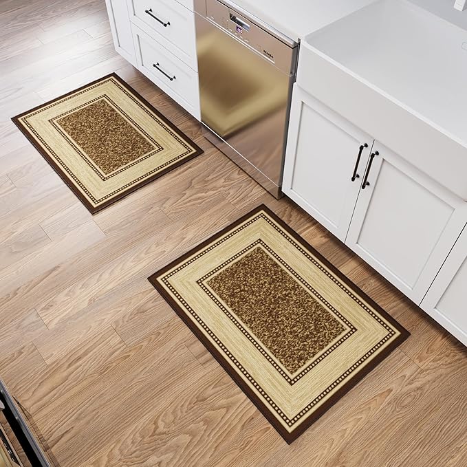 Ottomanson Rugs for Entryway 2'3" x 3' - 2 Pack Non Slip Border Small Area Rugs Durable Front Door Mat Rug Stain Resistant Entrance Rugs for Bathroom Kitchen Bedroom & Living Room, Brown