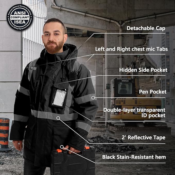 Reflective Jacket, High Visibility Parka, Waterproof Hi Vis, Safety Jacket with Removable Hood and Zipper, ANSI Class 3 (Black,5XL)