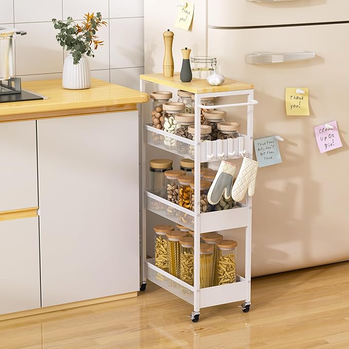 Slim Rolling Storage Cart, 4 Tier Metal Narrow Utility Cart with Handle and Wood Top, Multifunctional Small Mobile Shelf Unit Organizer Trolley for Laundry, Bathroom, Kitchen