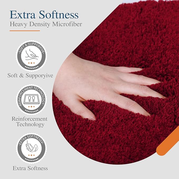 Walensee Contour Rug (20x24, Red) Non Slip Bath Mat, Soft Microfiber Shaggy Mat, Machine Washable, U Shape Toilet Rug