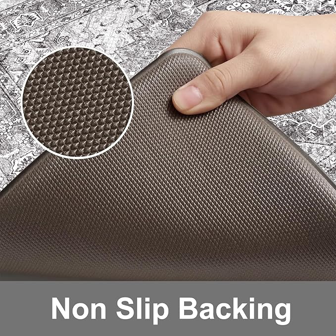 KIMODE Anti Fatigue Kitchen Mat, Cushioned Boho Distressed Kitchen Runner, Non Slip Memory Foam Kitchen Mat for Floor, Waterproof Standing Desk Mat for Laundry, Office, Sink Grey Brown 20"x39"