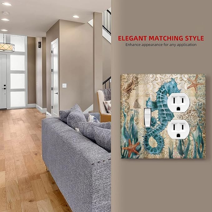 Hippocampus Funny Blue Ocean Creature Decorative Light Switch Cover Plate 1 Toggle/1 Duplex Outlet Covers 2 Gang Combo Gfci Wall Plate Electrical Receptacle Switchplate for Bathroom Decor