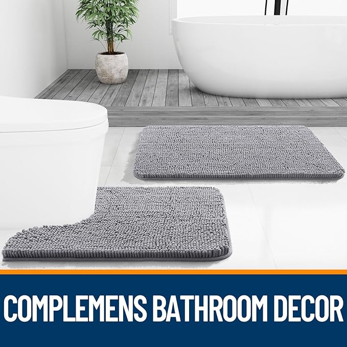 OLANLY Bathroom Rugs Sets 2 Piece, Soft Absorbent Chenille Bath Mats Area Rug Set, Non-Slip, Quick Dry, Machine Washable Bath Mats for Bathroom, Home Decor Accessories (47"x20"+30"x20", Grey)