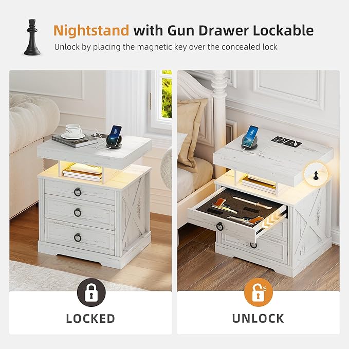 Gurexl Farmhouse Set of 2 Night Stand with Lockable Gun Drawer,LED Nightstand with Charging Station,Bedside Table with Human Sensor 3-Color Lights,End Table with 3 Drawers,Bedroom,White