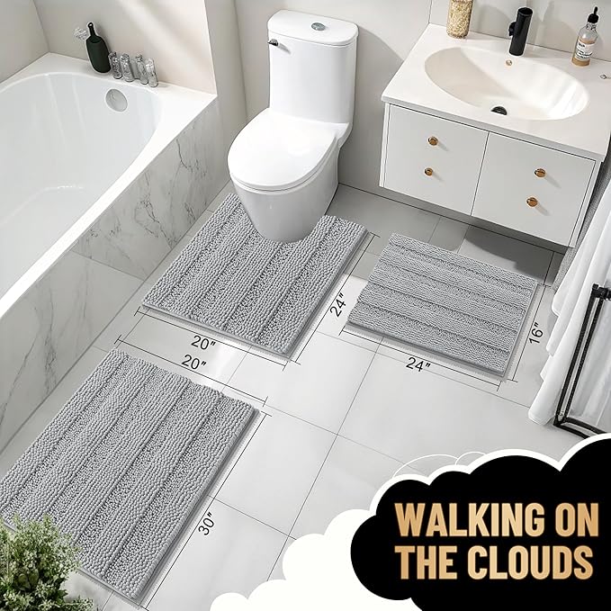 OLANLY Thick Bathroom Rugs 44x24, Extra Soft Absorbent Chenille Striped Bath Rugs, Rubber Backing, Machine Wash Dry, Bath Mats for Bathroom Floor, Tub and Shower, Home Decor Accessories, Light Grey