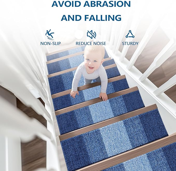 OLANLY Stair Treads Non Slip 4PCS, 8" x 30" Indoor Stair Runners for Wooden Steps, Edging Stair Rugs with Reusable Peel and Stick Adhesive for Kids Elders and Pets, Navy