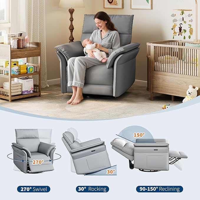 IDEALHOUSE Power Recliner Chair, 270° Swivel Rocking Glider with USB Charging Port, PU Leather Upholstered Fabric and Double-Layer Armrests, Nursery Chair for Living Room, Nursery (Power Grey)