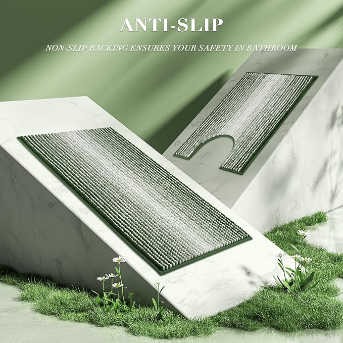 BSICPRO Bathroom Rugs Sets 3 Piece, Toilet Rugs U-Shaped Contour Bath Mat Set, Long Striped Absorbent Non Slip Chenille Shower Mat, Hunter Green