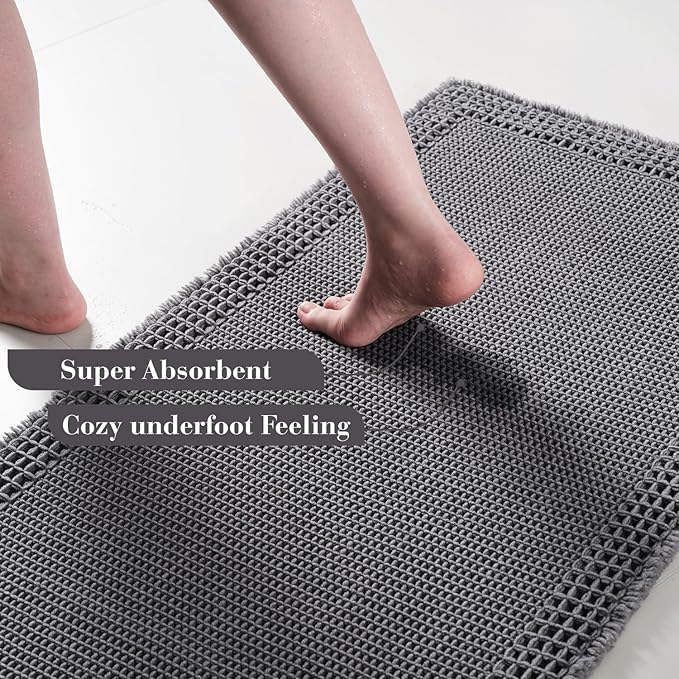 RESARE Waffle Bathroom Runner Rugs, Super Absorbent Bath Mat Non Slip Washable Quick Dry, Upgraded Ultra Soft Boho Bath Rugs with Tassels for Hallway Bedroom Laundry Room, 2'x6'(24"x72"), Dark Grey