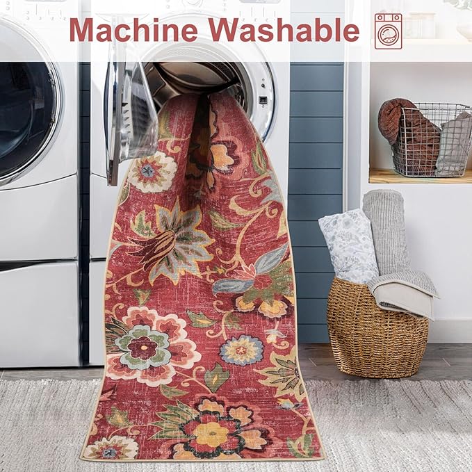 Beeiva Floral Washable Runners for Hallways Non Slip, 2x8 Red Long Hallway Runner Rugs with Rubber Backing, Ultra Thin Christmas Vintage Kitchen Rugs Non Skid for Entryway Bathoom (Red,2'x8')
