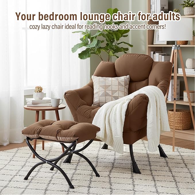 Lazy Chair with Ottoman, Modern Chair with Folding Footrest, Lounge Accent Chair, Comfortable Reading Chair (Dark Brown)