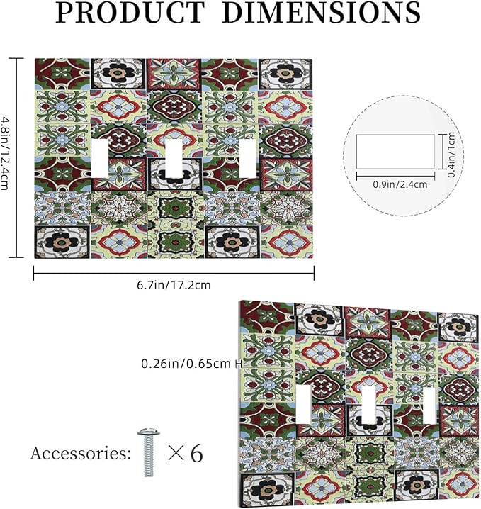 Decorative Switch Plates Talavera Tile Decal 3 Gang Wall Plate Triple Toggle Light Switch Cover Faceplate Electrical Wall Panels for Bedroom Bathroom Decor