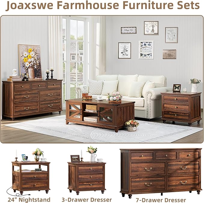 Farmhouse 54" 7 Drawers Dresser for Bedroom, Vintage Wood Chest of Drawers w/ 4 Wooden Legs, Wide Closet Storage Dressers Organizer for Hallway, Rustic Large TV Stand for Living Room, Brown