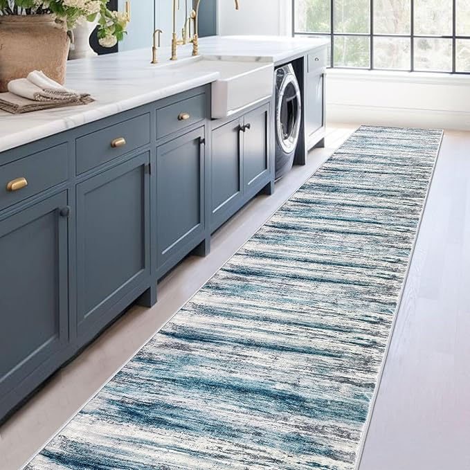 KOZYFLY Modern Abstract Hallway Runner Rug, 2.6x18 Washable Rug Runner Non-Slip Soft Striped Stair Runner Rugs, Print Blue Carpet Runner for Kitchen Entryway Bathroom Laundry Room Foyer