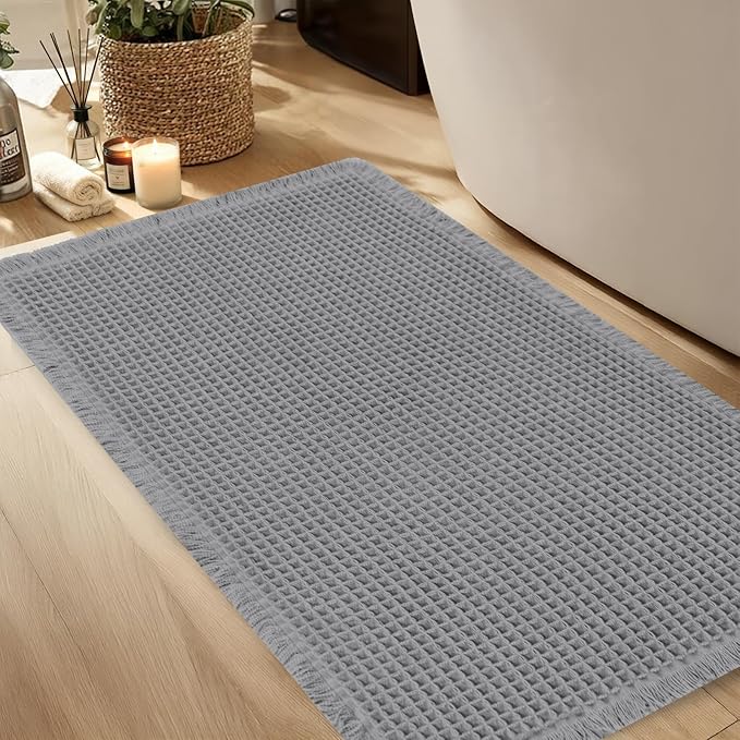Hiasan Waffle Bath Mat, Super Absorbent Non Slip Bathroom Boho Rug with Tassels, Machine Washable Bath Mats for Bathroom, Ultra Soft Rubber Backed Rug, Grey, 16 x 24 Inches