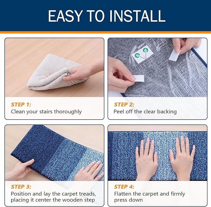 OLANLY Stair Treads Non Slip 15PCS, 8" x 30" Indoor Stair Runners for Wooden Steps, Edging Stair Rugs with Reusable Peel and Stick Adhesive for Kids Elders and Pets, Navy
