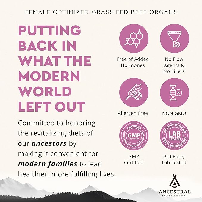 Beef Organ Supplement for Women – Supports Hormone Balance, Energy & Wellness – Grass Fed, Pasture Raised Superfood – Liver, Heart, Kidney, Bone Marrow – Collagen, CoQ10, B12 – Female Support Blend