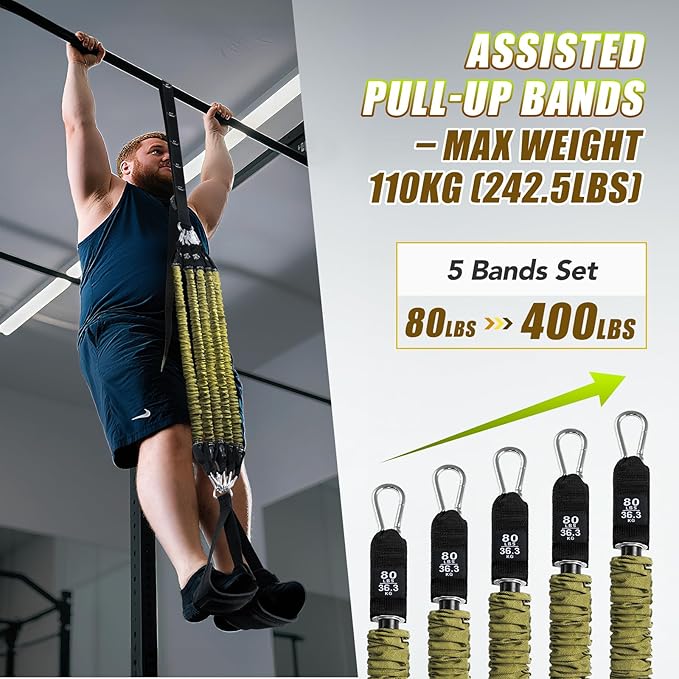 Pull Up Assistance Bands with Foot Support Pedal - 320LBS /400LBS Heavy Duty Resistance Bands Adjustable Weight/Height with 80Lbs Bands&Measured Strap for Strength Training Home Gym