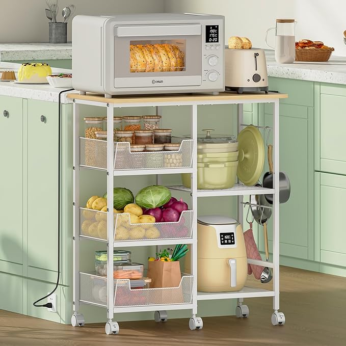 Rolling Kitchen Storage Microwave Cart & Kitchen Island on Wheels, Adjustable Shelf, Lockable Wheels, 27.75" L × 15.35" W, Bakers Rack Microwave Stand with Tilt-Out Baskets, Kitchen, Coffee Bar, White