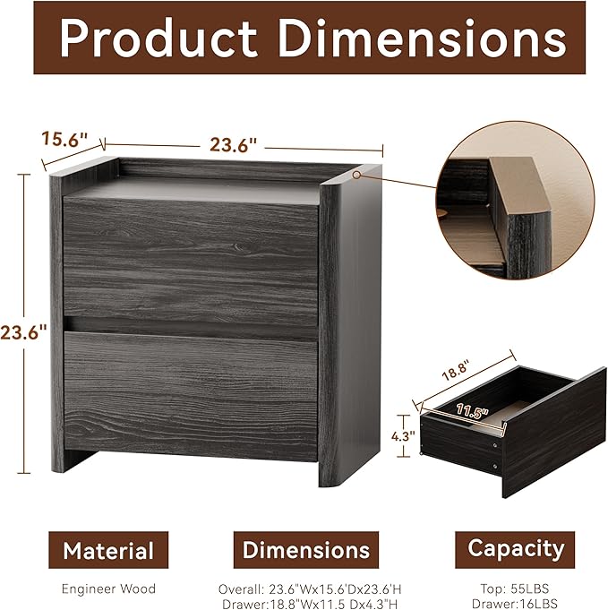 Nightstand with 2 Storage Drawer, Modern End Table for Bedroom with Cut-Out Handle, Large Night Stands for Bedroom, Home Office, Set of 1, Dark Grey