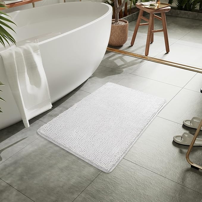 LOCHAS Luxury Bathroom Rug Shaggy Bath Mat 20 x 30 Inch, Washable Non Slip Bath Rugs for Bathroom Shower, Soft Plush Chenille Absorbent Carpets Mats, White