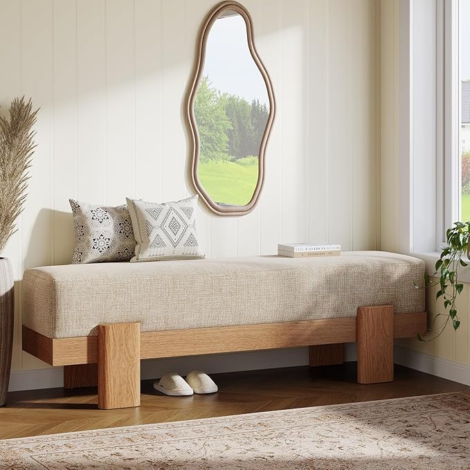 Tribesigns 55-Inch Upholstered Entryway Bench, Modern Shoe Bench with Fabric Padded Seat and MDF Frame, End of Bed Stool for Bedroom, Entrance, Living Room (Beige & Oak)