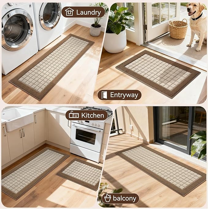 Kitchen Mats for Floor 17"x47", Non-Slip Washable Kitchen Rugs, Absorbent and Stain Resistant Kitchen Rug, Durable Comfortable Rugs for Kitchen, Hallway, Laundry & Sink, Brown