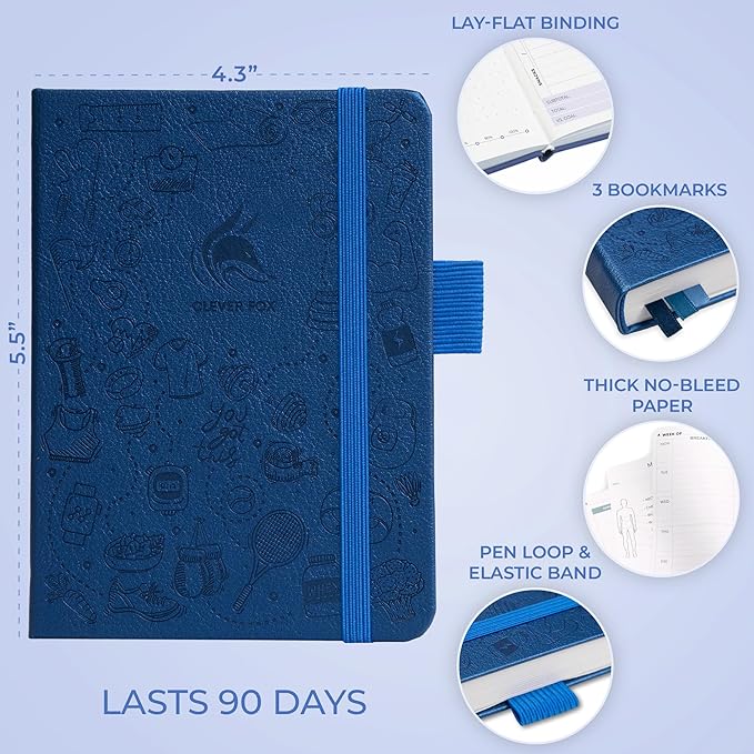 Clever Fox Fitness & Food Journal Pocket – Nutrition & Workout Planner for Women & Men – Diet & Gym Exercise Log Book with Calendars, Diet & Training Trackers – Lasts 3 Months, 4.3x5.5” (Mystic Blue)