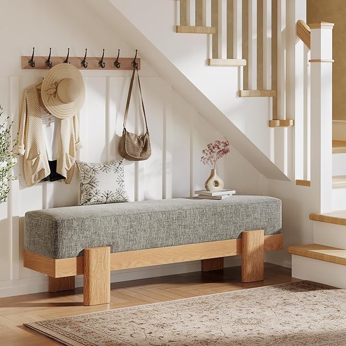 Tribesigns 55-Inch Upholstered Entryway Bench, Modern Shoe Bench with Fabric Padded Seat and MDF Frame, End of Bed Stool for Bedroom, Entrance, Living Room (Gray & Oak)