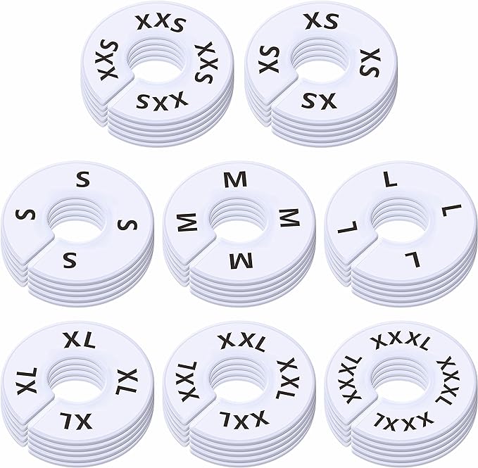 40 Pack Round White Plastic Clothing Size Closet Rack Dividers Hangers, Preprinted in 8 Sizes XXS, XS, S, M, L, XL, XXL, XXXL (Outer 3.5”, Inner Diameter 1.38”)