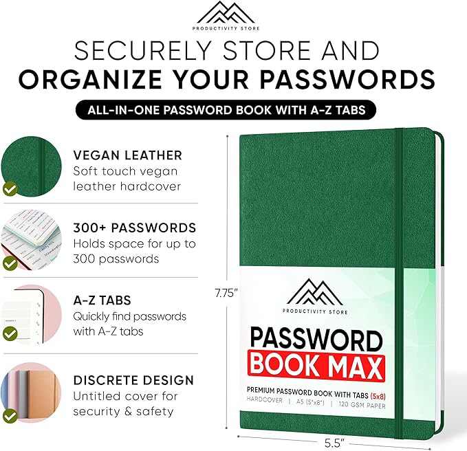 PRODUCTIVITY STORE Mini Password Journal Book with 100 Password Pages, 5.5x8.3 Inches, Small and Cute, Lined Notebook for School, Work, Travel, Home (Green)