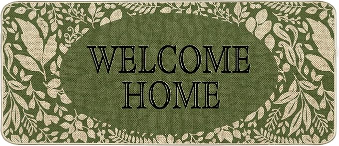 Welcome Spring Door Mat Green Leaves Doormat Indoor Outdoor Entrance Outdoor Rug Low-Profile Floor Rug Non Slip Spring Summer Decor Rubber Mats for Home Decoration 17x36Inch