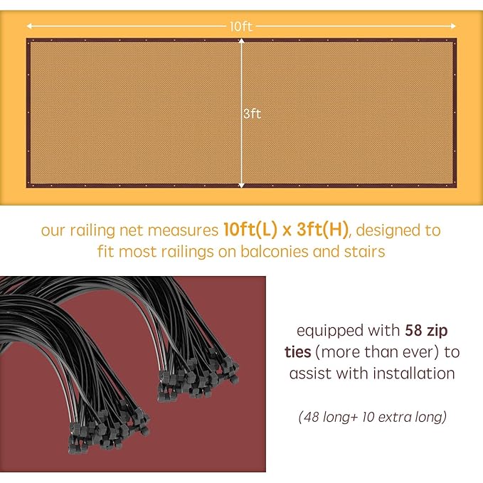 Banister Guard Safety Net for Baby, 10ft x 3ft Stair Railing Mesh Barrier for Kids, Cats, Dogs, Child Safety Rail Guard - Dark Brown