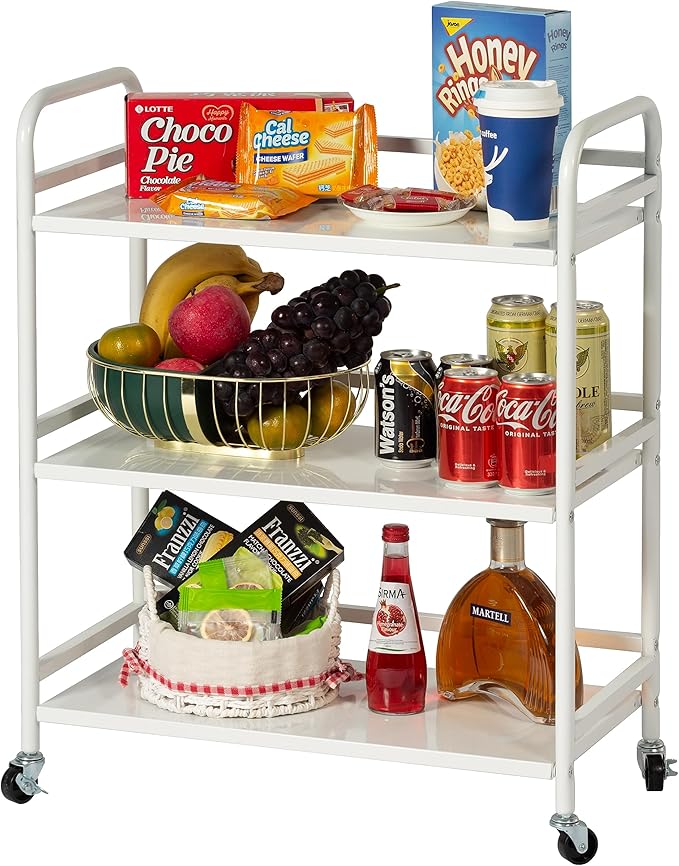 DCLRN 3 Tier Rolling Cart with Lockable Wheels Sturdy Construction,Solid Shelves,Recessed Screw Holes Ideal for Kitchen and Home Storage Size:23.6" Dx11.8 Wx29.5 H(White)