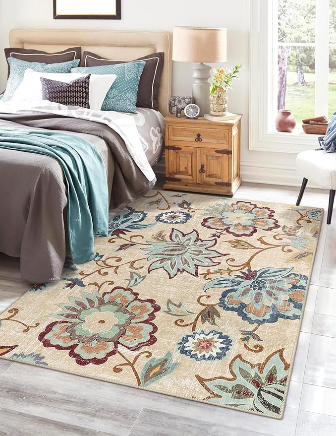Beeiva Floral 5x7 Living Room Rugs, Non Slip Vintage Washable Beige Rug for Living Room, Paisley Bedroom Carpet with Rubber Backing Ultra Thin Carpet for Dining Room Office